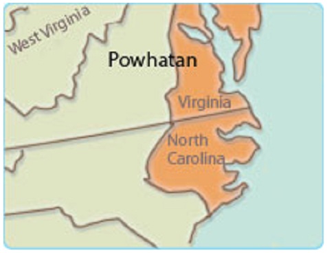 Mappa dei popoli nativi degli "USA": i
                popoli nativi Powhatan in Virginia e Carolina del Nord
