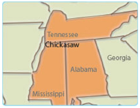 Les autochtones aux
                "USA": carte montrant les Chickasaw dans le
                Tennessee, l'Alabama et le Mississippi