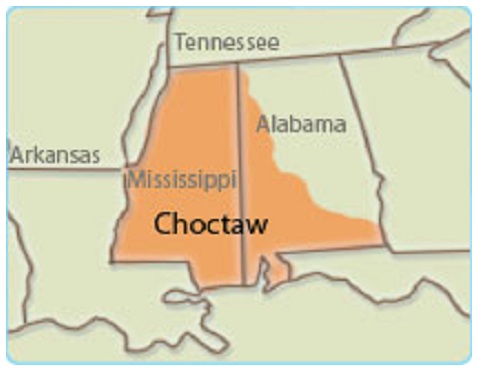 Ureinwohner in
                den "USA": Karte mit Chocktaw in Alabama und
                Mississippi