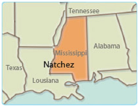 Les autochtones aux "USA": carte montrant
                les autochtones Natchez au Mississippi