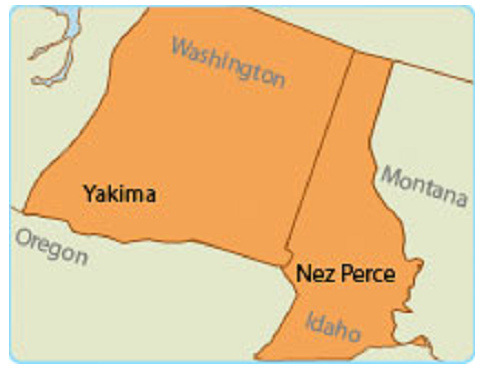 Mappa dell'altopiano occidentale
                ("USA") con i nativi americani Yakima e Nez
                Perce