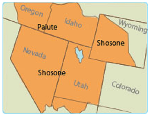 Mappa con i nativi americani nel Grande Bacino
                ("USA"): I popoli nativi Palute e Shoshone