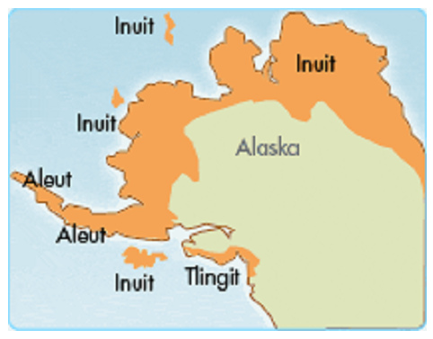 Mappa: Nativi americani in Alaska:
                          Aleuti, Inuit e Tlingit intorno al 1600