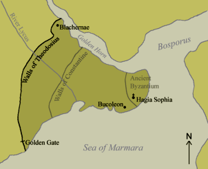 Karte von Byzantion, dann Konstantinopel (nach
Kaiser Konstantin), um 600 Karte von Byzantion, dann
Konstantinopel (nach Kaiser Konstantin), um 600