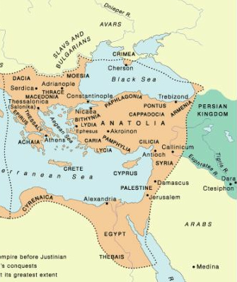 Karte der Reiche
Byzanz und Persien um 400. Die arabischen Stämme
greifen von unten her gleich beide gleichzeitig Reiche
an. Karte der Reiche Byzanz und Persien um 400. Die
arabischen Stämme greifen von unten her gleich beide
gleichzeitig Reiche an.