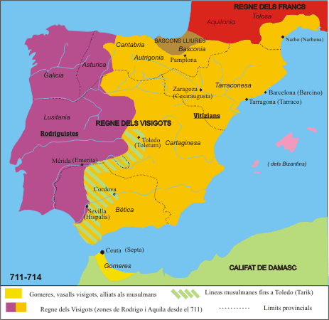 Karte: Spanien mit der islamischen Invasion im
Jahre 711, Besetzung von Toledo Karte: Spanien mit der islamischen
Invasion im Jahre 711, Besetzung von Toledo