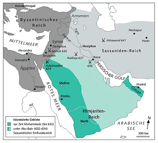 Karte, Islam mit den Schlachten am Jarmuk
636 und bei Kadisija 637 Karte, Islam mit den
Schlachten am Jarmuk 636 und bei Kadisija 637