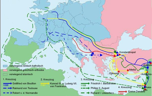Karte mit den
              4 Kreuzz�gen, (blau (1096), gelb (1147), gr�n (1189) und
              rot (1202) eingezeichnet).