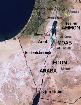 Map with Kadesh Barnea, Arad, Araba,
Edom, Moab and Ammon, satellite photo. Half of
the Dead Sea has disappeared in 2003 already. Map with Kadesh Barnea, Arad, Araba, Edom,
Moab and Ammon, satellite photo. Half of the
Dead Sea has disappeared in 2003 already.