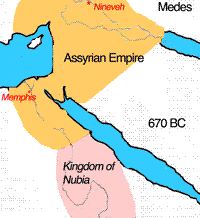 Map: Assyria conquering the
lower part of Egypt. Only Upper Egypt (Nubia)
keeps to be Egypt Map: Assyria conquering the lower part of
Egypt. Only Upper Egypt (Nubia) keeps to be
Egypt