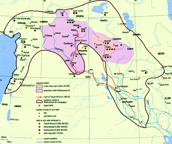 Map of Assyria under Shalmaneser III. This is a
                  huge "half moon"...