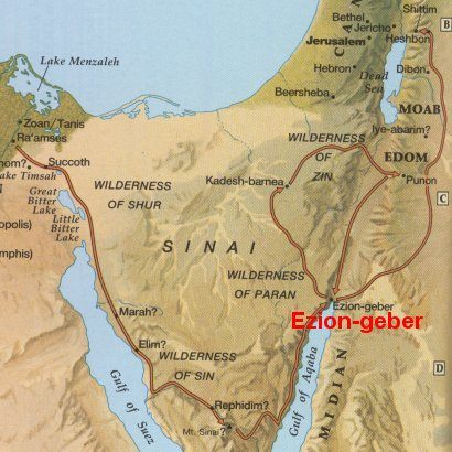 Map with
                        Ezion Geber and the faked way of Moses'
                        migration