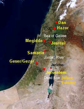 Map with the acropolis
                        towns reconstructed under the Omrids: Megiddo,
                        Gezer, Hazor, Dan and Jezreel. There are no
                        findings for Jerusalem in these times.
