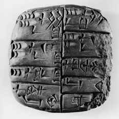Clay table with
                            cuneiform writing from Lagash, appr. 2500
                            B.C., with a bill of cost for clothes of the
                            temple of the main goddess