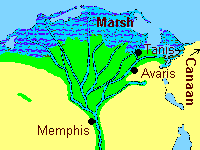 Nile Delta in
                    Pharaoh's times: many arms, Memphis, Avaris, Canaan