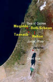 Map with Beth Shean, Rehov, Megiddo and
                  Taanach, satellite photo.