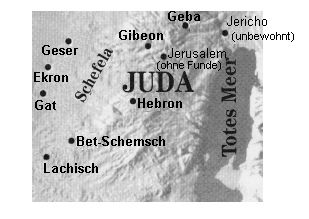 Map of Judah with Lachish, Shefela, Hebron,
                      Beit Shemsh, Ekron, Gibeon, Gat, and Geba