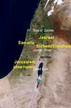 Map with Shechem, Samaria, Jezreel, and
                      Jerusalem. For Jerusalem there are no findings for
                      this period.