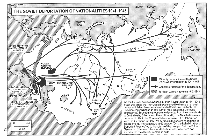 Karte der "Sowjetunion"
                mit den Stalin-Deportationen ganzer Nationen 1941-1945