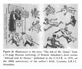 Encyclopaedia Judaica (1971): Russia:
                              Jews in "Soviet Union", vol.14,
                              col. 490, illustration to the story
                              "The Jobof Mr. Green" from a
                              61-page Russian anthology of Shalom
                              Aleichem's short stories "Abroad and
                              At Home", published in the U.S.S.R.
                              in 1959, on the 100th anniversary of the
                              author's birth.