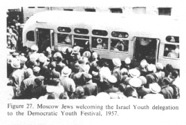 Encyclopaedia Judaica (1971): Russia:
                            Jews in "Soviet Union", vol.14,
                            col. 490, Moscow Jews welcoming the Israel
                            Youth delegation to the Democratic Youth
                            Festival, 1957