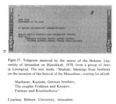 Encyclopaedia Judaica (1971): Russia:
                            Jews in "Soviet Union", vol. 14,
                            col. 503, cable (telegram) from Russian Jews
                            1970: Telegram received by the rector of the
                            Hebrew University of Jerusalem on Hanukkah,
                            1970, from a group of Jews in Leningrad.