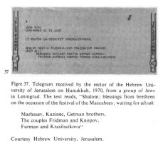 Encyclopaedia Judaica (1971): Russia:
                            Jews in "Soviet Union", vol. 14,
                            col. 503, cable (telegram) from Russian Jews
                            1970: Telegram received by the rector of the
                            Hebrew University of Jerusalem on Hanukkah,
                            1970, from a group of Jews in Leningrad.