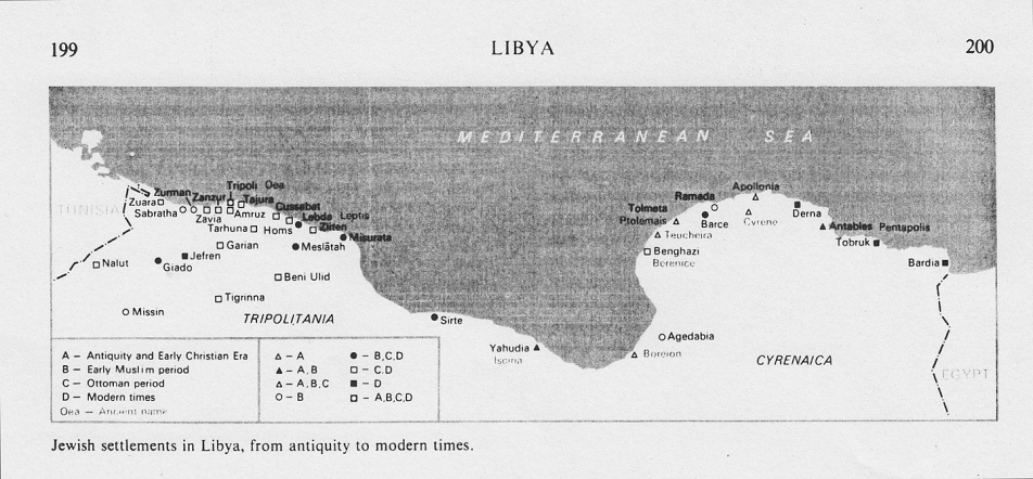 Encyclopaedia Judaica: Jews in Libya, vol. 11,
                    col. 199-200, map with Jewish settlements from the
                    beginning to modern times