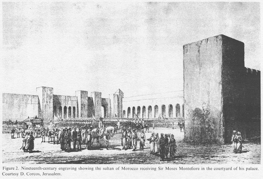 Encyclopaedia Judaica: Jews in Morocco, vol.12,
                col. 329-330: Moses Montefiore visiting Sultan of
                Morocco