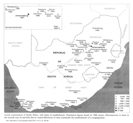 Encyclopaedia Judaica 1971: South Africa, vol.
                  15, col. 183-184, map of Jewish communities according
                  to the 1960 census