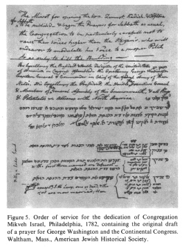 Encyclopaedia Judaica (1971):
                          "USA", vol. 15, col. 1595. Order of
                          service for the dedication of Congregation
                          Mikveh Israel, Philadelphia, 1782, containing
                          the original draft of a prayer for George
                          Washington and the Continental Congress.
                          Waltham, Mass., American Jewish Historical
                          Society.