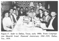 Encyclopaedia Judaica (1971): "USA",
                  vol. 15, col. 1611: Seder in Dallas, Texas, early
                  1900s. From "Congregation Shearith Israel.
                  Diamond Anniversary 1884-1959", Dallas, Tex.,
                  1959
