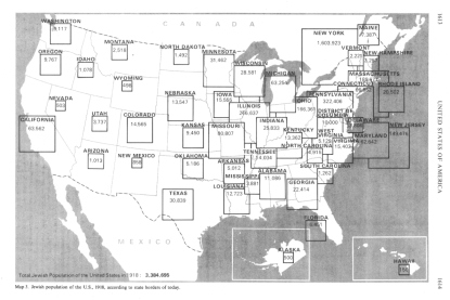 Encyclopaedia Judaica (1971): "USA",
                  vol. 15, col. 1613-1614: Map with the Jewish
                  population of the U.S., 1918, according to state
                  borders of today.