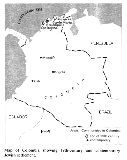 Encyclopaedia Judaica 1971: Colombia,
                vol. 5, col. 744, map of Jewish settlements in Colombia
                at the end of 19th century (Cartagena, Barranquilla,
                Santa Mar�a, and R�ohacha), and in 1970 (Barranquilla,
                Medell�n, Cali, and Bogot�)