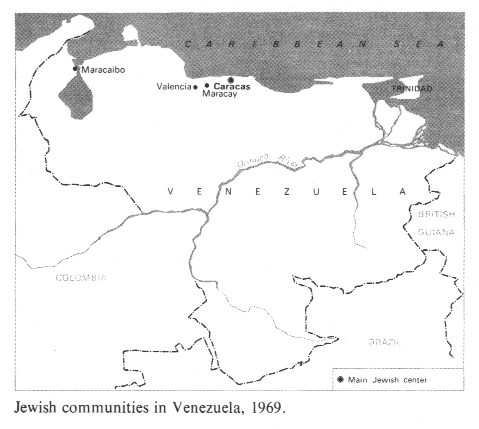 Encyclopaedia Judaica (1971): Venezuela, volume
16, col. 90, map of Venezuela with the Jewish
communities of 1969: Maracaibo, Valencia, Maracay, and
Caracas. Encyclopaedia Judaica
(1971): Venezuela, volume 16, col. 90, map of
Venezuela with the Jewish communities of 1969:
Maracaibo, Valencia, Maracay, and Caracas.