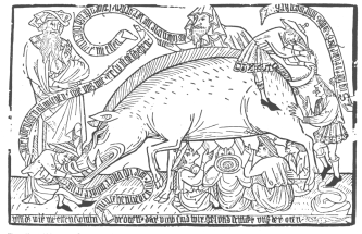 Encyclopaedia Judaica (1971):
                        Anti-Semitism, vol. 3, col. 117-118, a
                        15th-century German woodcut of a Jewish sow, in
                        this case a boar.