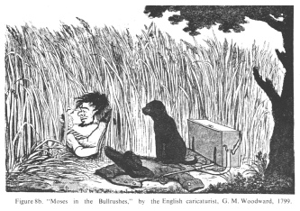 Encyclopaedia Judaica (1971):
                            Anti-Semitism, vol. 3, col. 129-130a:
                            "Moses in the Bullrushes", by the
                            English caricaturist, G.M. Woodward, 1799.
                            [[Moses is making love in the corn fields]]