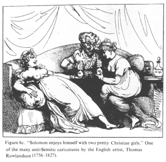 Encyclopaedia Judaica (1971):
                            Anti-Semitism, vol. 3, col. 129-130b:
                            "Solomon enjoys himself with two pretty
                            Christian girls". One of the many
                            anti-Semitic caricatures by the English
                            artist, Thomas Rowlandson (1756-1827)