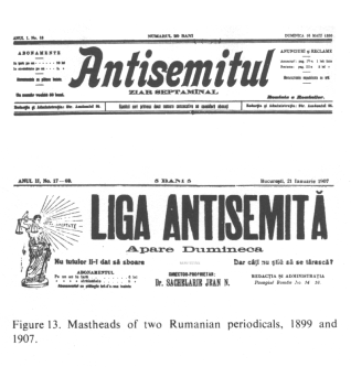 Encyclopaedia Judaica (1971):
                          Anti-Semitism, vol. 3, col. 152b: Mastheads of
                          two Rumanian [[Romanian]] periodicals, 1899
                          and 1907