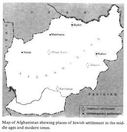 Encyclopaedia Judaica (1971): Jews in Afghanistan,
                vol. 2, col. 327, map of Afghanistan showing places of
                Jewish settlement in the middle ages and modern times