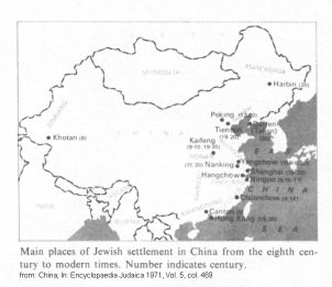 Encyclopaedia Judaica 1971: China,
                                vol. 5, col. 469: map with the main
                                places of Jewish settlement in China
                                from the eighth century to modern times.
                                Number indicates century.