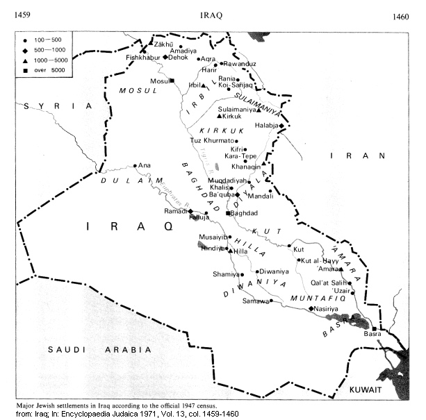Map
                          of Iraq with indication of the centers of the
                          Jewish population in Iraq according to the
                          census of 1947