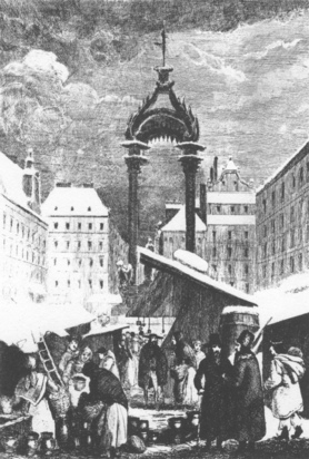 [Mosad] Encyclopaedia Judaica (1971): History,
                    vol. 8, col. 714: Moses Fantasy Jewish merchants in
                    the Cracow market [[about 19th century]]. Etching by
                    A. Hervieu