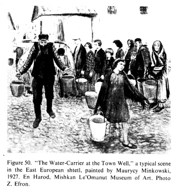 [Mosad] Encyclopaedia Judaica
                  1971: History, vol. 8, col. 755: "The
                  Water-Carrier at the Town Well", typical scenery
                  in East European shtetls, painted by Maurycy Minkowski
                  in 1927. En Harod, Mishkan Le'Omanut Museum of Art.
                  Photo Z. Efron.