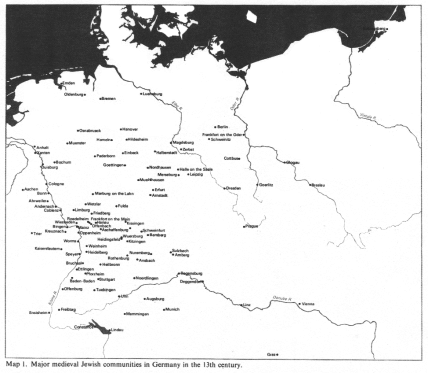 Encyclopaedia Judaica (1971):
                                    Germany, vol. 7, col. 463-464. Map
                                    of the major medieval Jewish
                                    communities in Germany in the 13th
                                    century: Koenigsberg, Emden,
                                    Oldenburg, Bremen, Lueneburg,
                                    Osnabrueck, Hanover, Berlin,
                                    Frankfort on the Oder, Schwienitz,
                                    Magdeburg, Zerbst, Halberstadt,
                                    Hildesheim, Hameln, Muenster,
                                    Anhalt, Xanten, Bochum, Duesburg,
                                    Paderborn, Goettingen, Nordhausen,
                                    Halle on the Saale, Cottbus, Glogau,
                                    Breslau, Goerlitz, Dresden, Leipzig,
                                    Merseburg, Muehlhausen, Erfurt,
                                    Arnstadt, Marburg on the Lahn,
                                    Cologne, Aachen, Bonn, Ahrweiler,
                                    Andernach, Coblenz, Bingen, Mainz,
                                    Wiesbaden, Roedelheim, Frankfort on
                                    the Main, Friedberg, Limburg,
                                    Wetzlar, Fulda, Kissingen, Hanau,
                                    Offenbach, Aschaffenburg, Oppenheim,
                                    Trier, Kreuznach, Schweinfurt,
                                    Bamberg, Wuerzburg, Heidingsfeld,
                                    Kitzingen, Worms, Weinheim,
                                    Kaiserlslautern, Speyer, Heidelberg,
                                    Bruchsal, Heilbronn, Ettlingen,
                                    Pforzheim, Baden-Baden, Stuttgart,
                                    Tuebingen, Freiburg, Ensisheim,
                                    Constance, Lindau, Ulm, Memmingen,
                                    Augsburg, Munich, Regensburg,
                                    Deggendorf, Linz, Vienna, Graz,
                                    Ansbach, Sulzbach, Amberg, and
                                    Prague