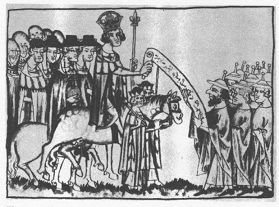 Encyclopaedia Judaica (1971): Germany, vol. 7,
                    col. 465. Illustration showing Jews receiving a
                    charter of privileges from Emperor Henry VII in
                    1312. From: Codex Baldvini; Koblenz, Municipal
                    Archives. [[See that the Jews were forced to wear
                    pointed "Jewish hats"]].