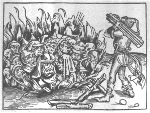 Encyclopaedia Judaica (1971):
                                    Germany, vol. 7, col. 466.
                                    Fifteenth-century woodcut showing
                                    the burning of Jewish martyrs. From
                                    Schedel's Weltchronik, 1493 [[See
                                    that the Jews were forced to wear
                                    pointed "Jewish hats", and
                                    the "Christ" is bringing
                                    more wood for the fire]].