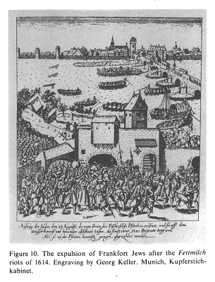 Encyclopaedia
Judaica (1971): Germany, vol. 7, col. 474.
The expulsion of Frankfort Jews after the
Fettmilch riots of 1614. Engraving by Georg
Keller. Munich, Kupferstichkabinet. Encyclopaedia Judaica (1971): Germany,
vol. 7, col. 474. The expulsion of Frankfort
Jews after the Fettmilch riots of 1614.
Engraving by Georg Keller. Munich,
Kupferstichkabinet.