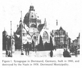 Encyclopaedia Judaica (1971): Dortmund, vol. 6,
                    col. 176, synagogue in Dortmund, Germany, built in
                    1900, and destroyed by the Nazis in 1938
                    [[Kristallnacht, S.A. riot]]