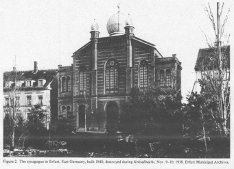 Encyclopaedia Judaica (1971): Erfurt, vol. 6,
                    col. 839-840, the synagogue in Erfurt, East Germany,
                    built 1840, destroyed during Kristallnacht, Nov.
                    9-10, 1938 [[a S.A. riot]]. ERfurt Municipal
                    Archives